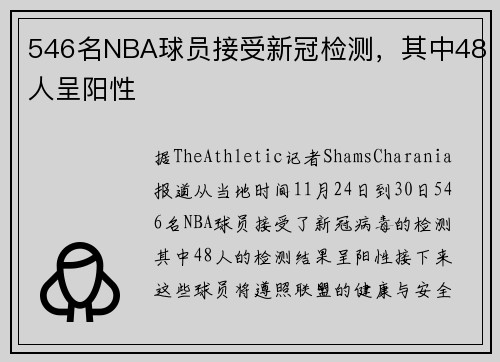 546名NBA球员接受新冠检测，其中48人呈阳性